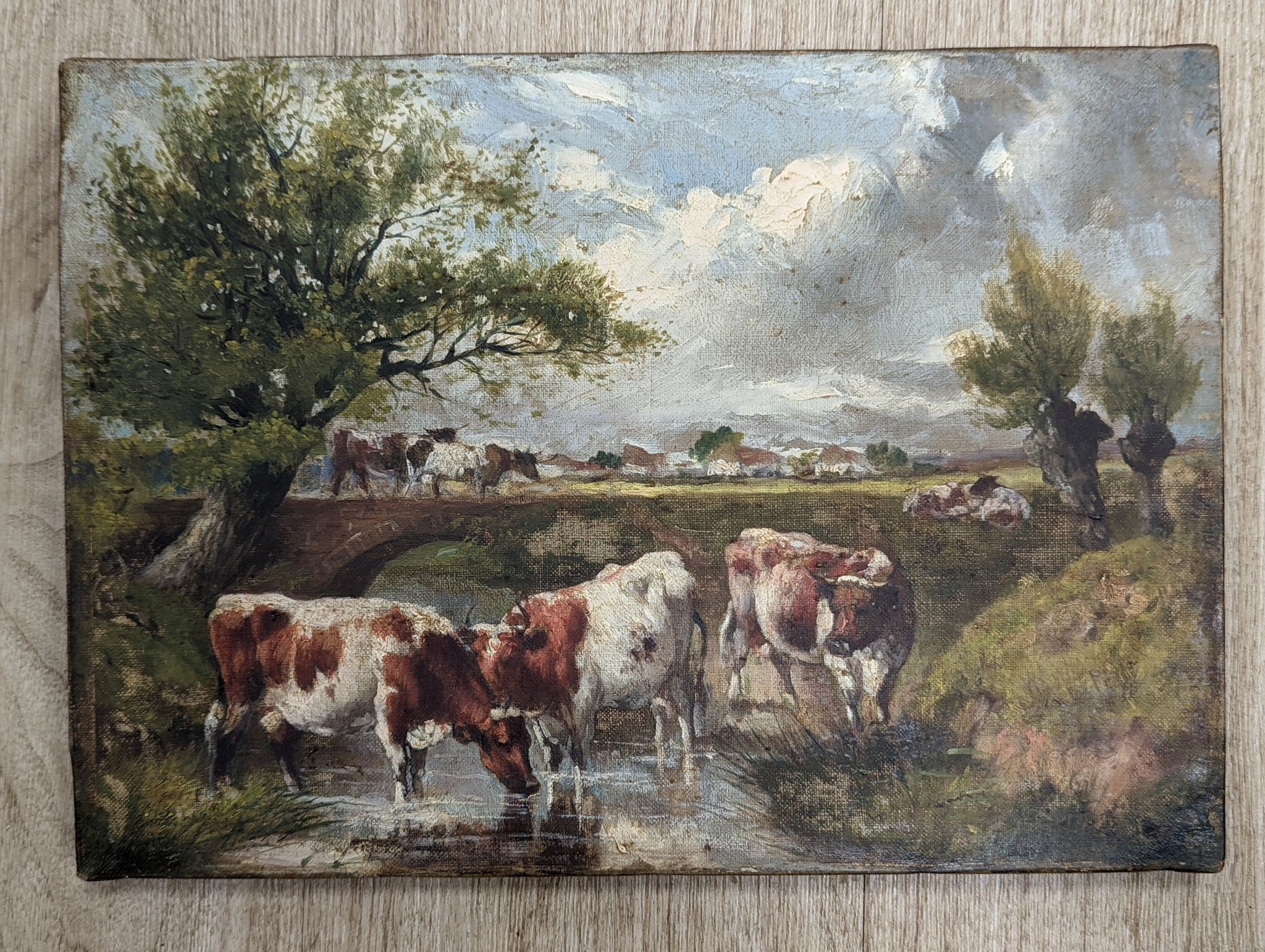 After Clarkson Stanfield, oil on canvas, Cattle watering, 25 x 36cm, unframed